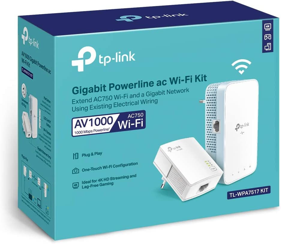 TP-Link WLAN Powerline Adapter Set TL-WPA7517 KITDualband WLAN 750Mbit/s AV1000 Powerline,Wifi Clone MU-MIMO 2 Gigabit Ports Plug&Play ideal für HD-Streaming App Kontrolleweiß TL-WPA7517 KIT,AV1000 AC750 Wi-Fi powerline