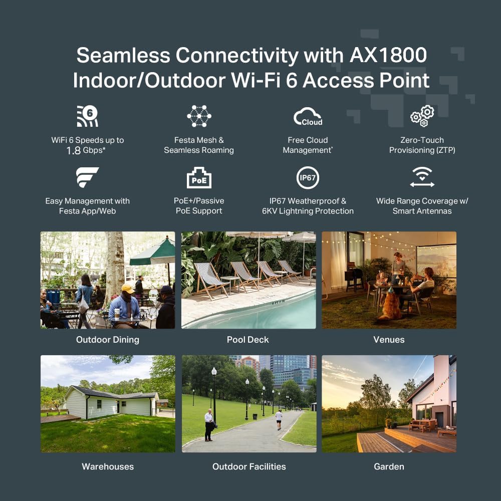 TP-Link Festa F61-Outdoor Access Point AX1800 WiFi 6, Kostenlose Cloud-Verwaltung, 802.3at PoE oder 48V passives PoE, IP67 wetterfest für Außenumgebung, Pole-/Wandmontage