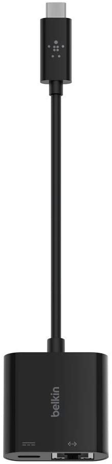 Belkin USB-C/Ethernet-Ladeadapter (60 W Leistung für angeschlossene Geräte, Ethernet-Datentransfer mit bis zu 1000 Mbit/s) MacBook Pro Ethernet-Adapter, INC001btBK 2 in 1