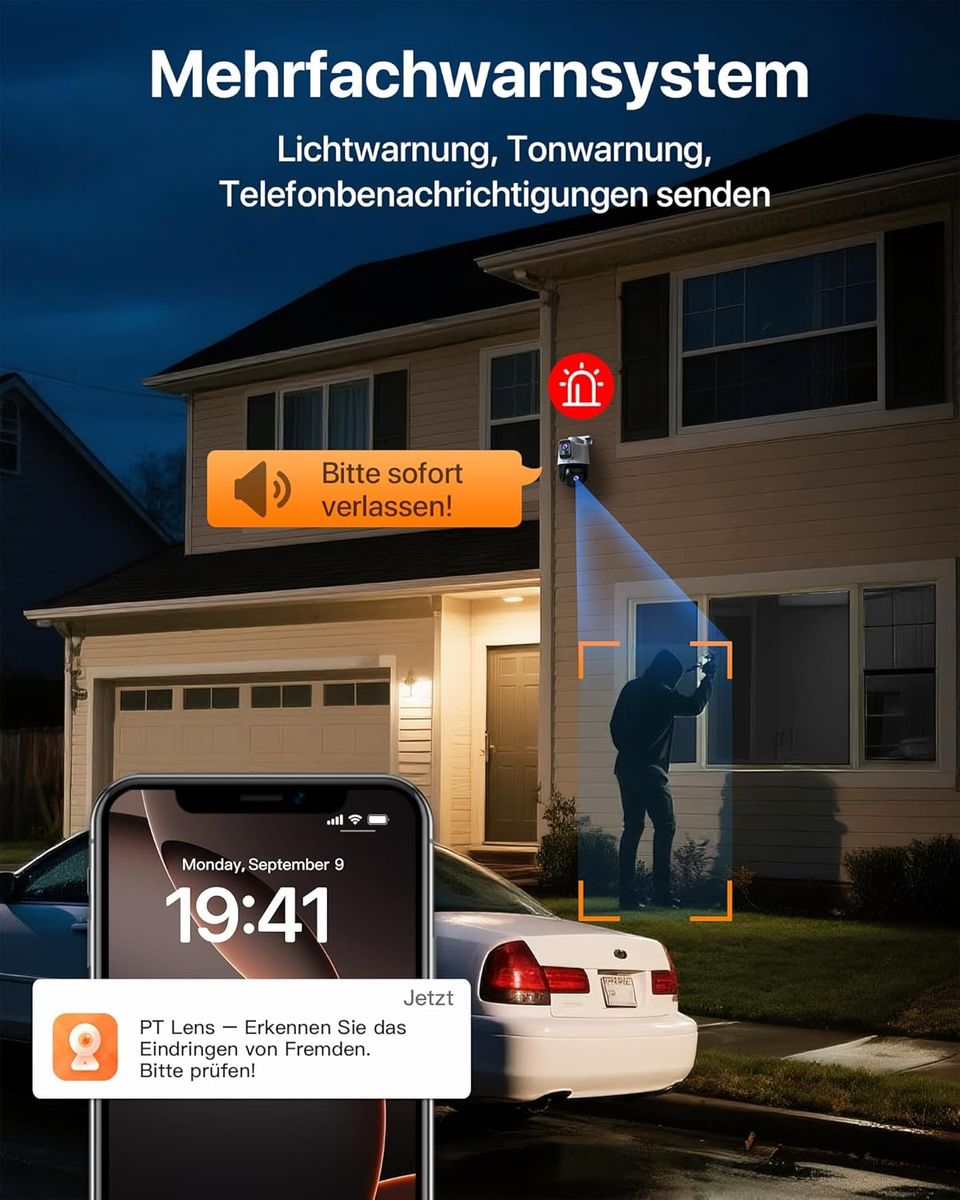 Tenda DE-CH9 Außenkamera Dual-Objektiv 3MP+3MP (6MP) KI-Fahrzeugerkennung Farb-Nachtsicht 2K 30m Zwei-Wege-Audio IP65 Wi‑Fi 6 MicroSD bis 512GB