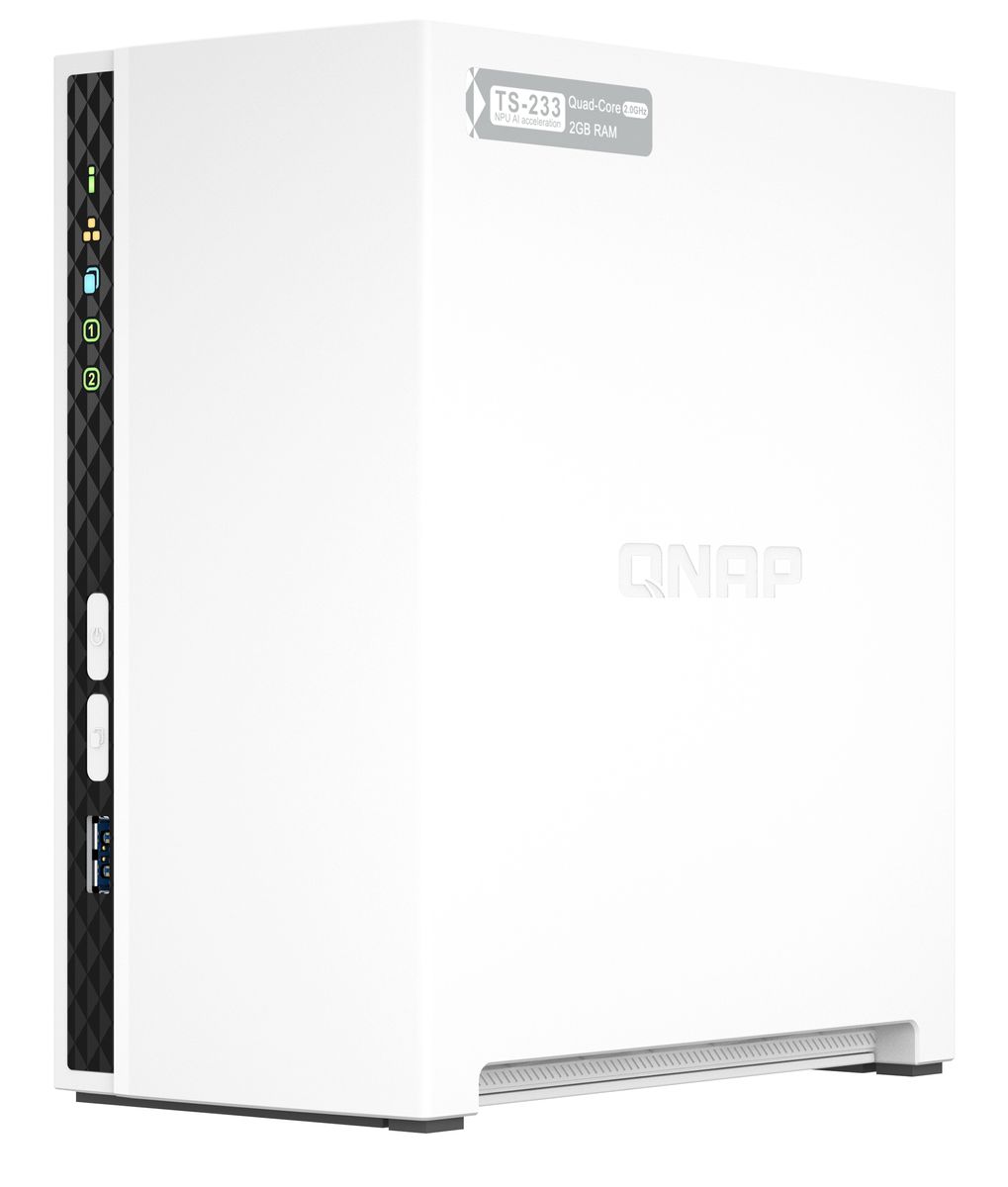 QNAP TS-233 2-Bay NAS Tower, ARM Cortex-A55 2 GHz, 2 GB RAM, QTS 5.0, 65 W, 1x Gigabit LAN, Weiß