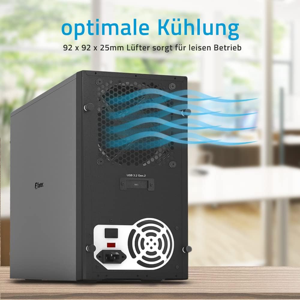 FANTEC 10-Fach Festplattengehäuse USB-C 3.1 Gen2 10G für den Einbau von 10x 3,5/2,5 Zoll SATA I/II/III HDDs/SSDs. Trägerlos, einzeln EIN/ausschalten, verriegelbar, 2X USB Kabel. Metallgehäuse schwarz