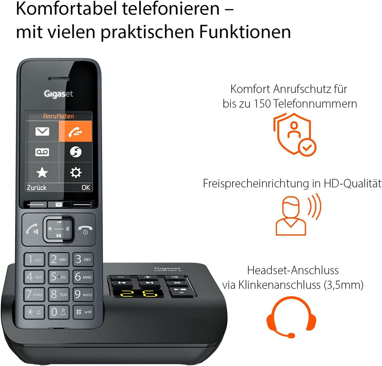 Gigaset Comfort 520A Trio 3 Schnurlose DECT-Telefone Anrufbeantworter- Elegantes Design Beste Audioqualität Freisprechfunktion Anrufschutz Adressbuch 200 Kontakten Titan-schwarz Comfort 520A Trio 3 Telefone AB