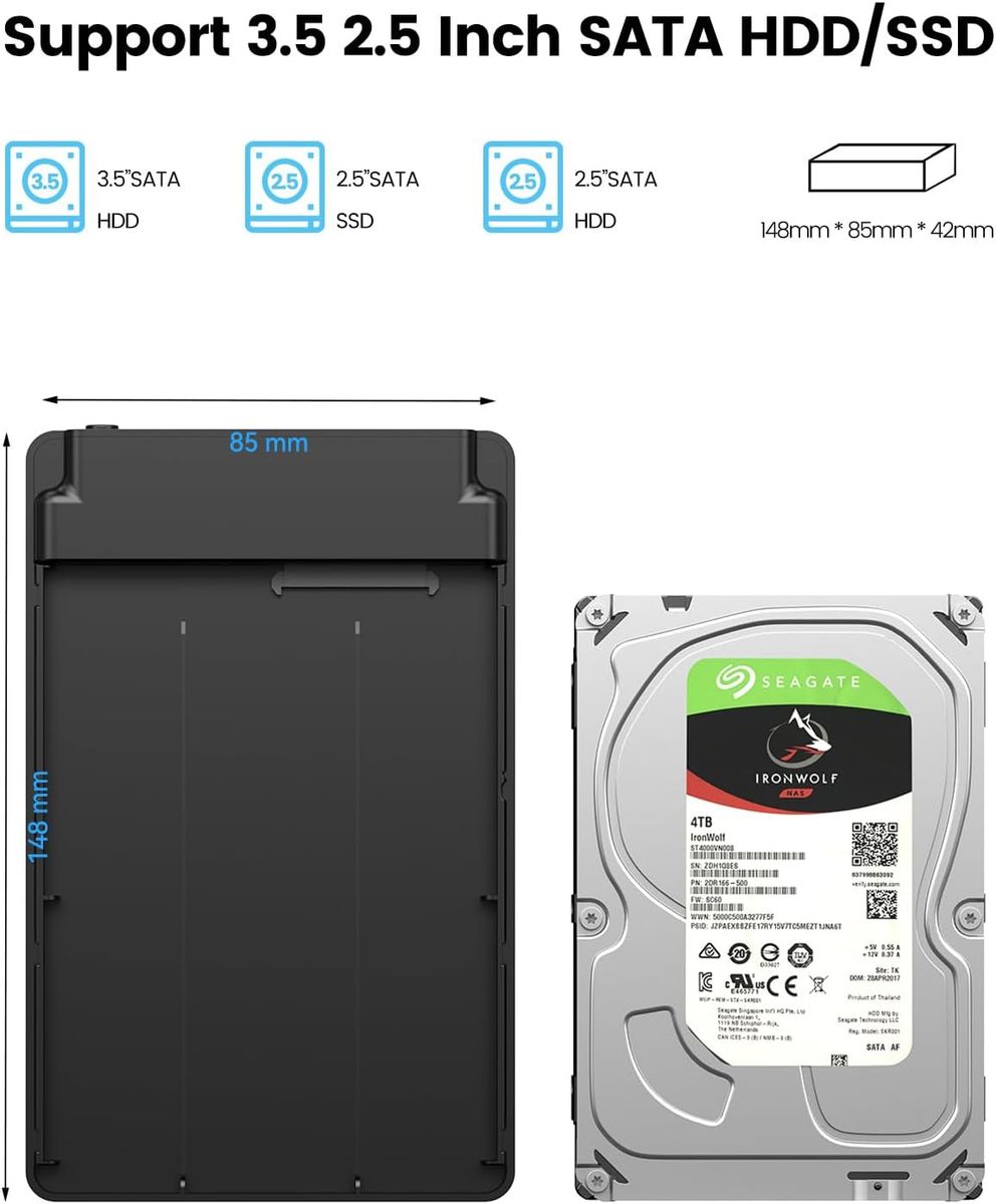 ORICO Festplattengehäuse 3,5 Zoll, USB 3.0 Werkzeugloses Externes Gehäuse für 3,5, 2,5 Zoll SATA HDD/SSD Maximal 20TB, Unterstützt UASP, mit 12 V/ 2A Netzteil, Kompatibel mit WD Seagate Toshiba. USB A
