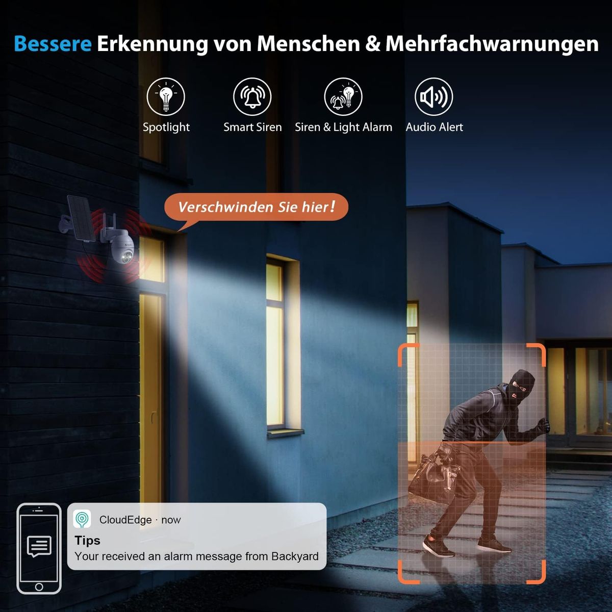 YESKAMO 360° Wireless Outdoor Solar PTZ IP Camera PIR Motion Detection Night Vision Colour Waterproof IP65 Two-Way Audio Alarm Siren