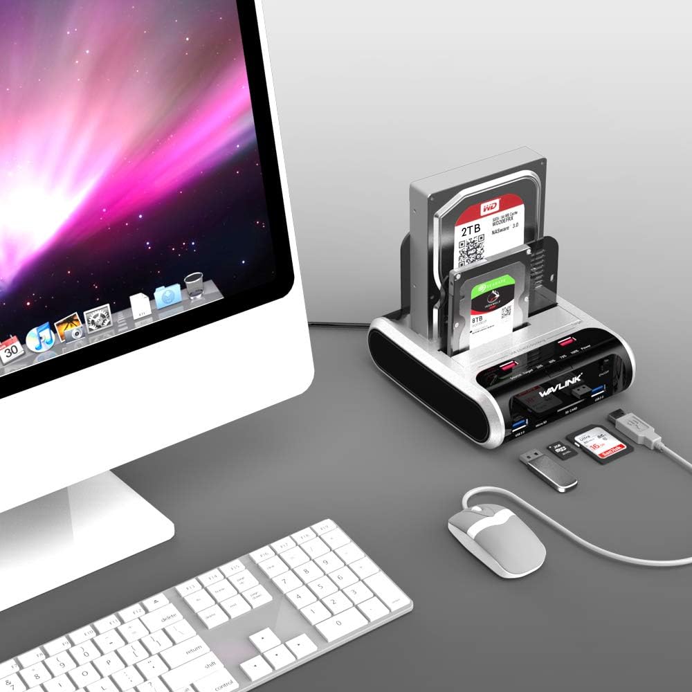 WAVLINK USB 3.0 zu SATA mit Offline Klonfunktion,Dual-Bay externe Festplatten Dockingstation für 2,5" und 3,5" SATA I/II/III HDD/SSD, Unterstützt UASP und 2 x 10 TB Laufwerke, USB 3.0 SD & TF-Leseschlitz