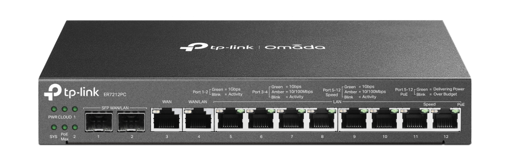 TP-Link Omada ER7212PC(UN) V2.0 3-in-1 Gigabit VPN Router, 8x PoE+ (110W), 10x Gigabit, 2x SFP, 4x WAN, integrierter Controller, lüfterlos