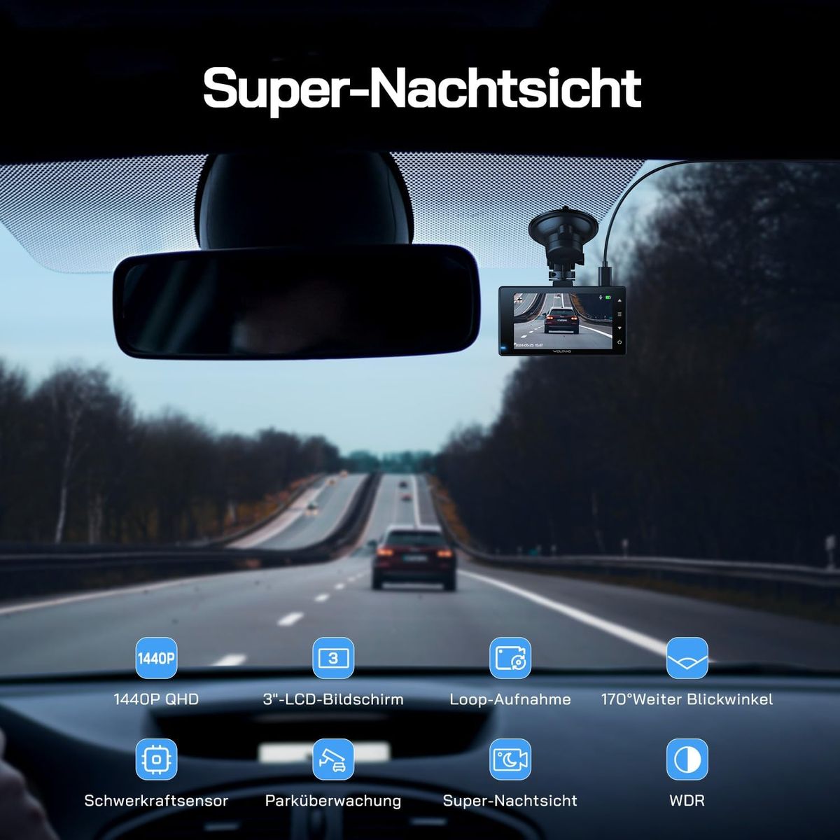 WOLFANG WD02 Dashcam für Auto Front+Rear 2,5K vorne, 1080P hinten, Ultra-Nachtsicht, 170° Weitwinkel, WDR, Parkmodus, G-Sensor, Loop-Aufnahme, 32GB SD-Karte