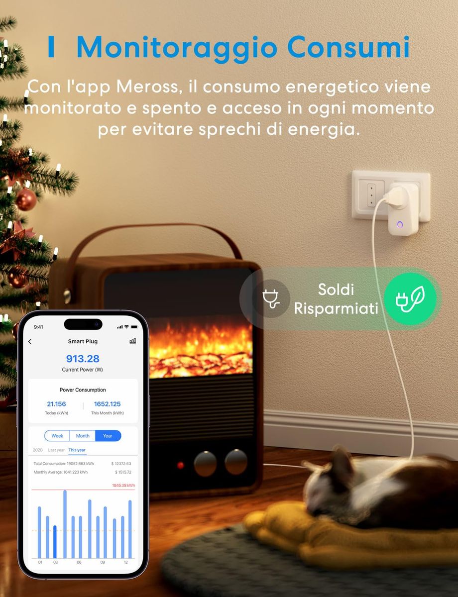 Meross Italienische Smart-Steckdose, Energieüberwachung, WLAN-Steckdose (Typ L) 16 A 3840 W, Fernbedienung, Überlastschutz, Timer-Funktion, kompatibel mit Alexa, Google Assistant, 2 Stück, 2,4 GHz 2St. Italien Plug Single