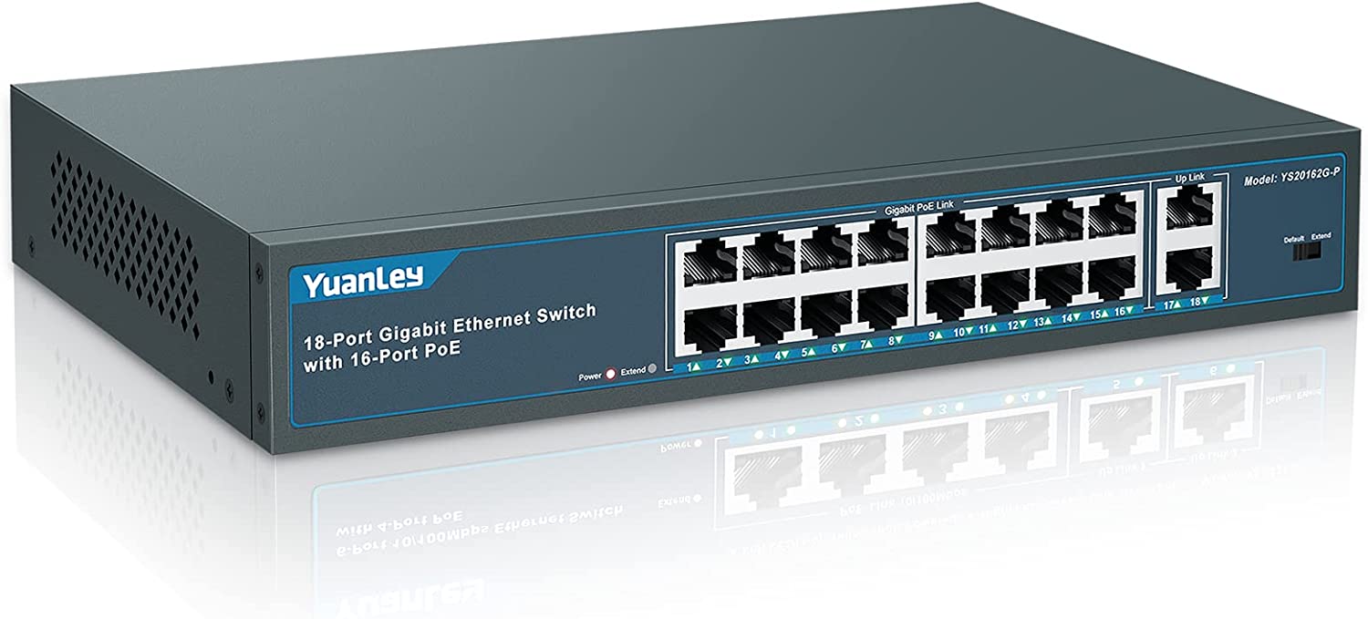 YuanLey 18 Port Gigabit PoE Switch, 16 PoE+ Port 1000 Mbps, 2 Gigabit Uplink, 250W 802.3af/at, Metal Desktop/Rackmount, Nicht verwalteter Plug and Play Netzwerk Switch 18 Port | 16*PoE+(1000Mbps) (250w)