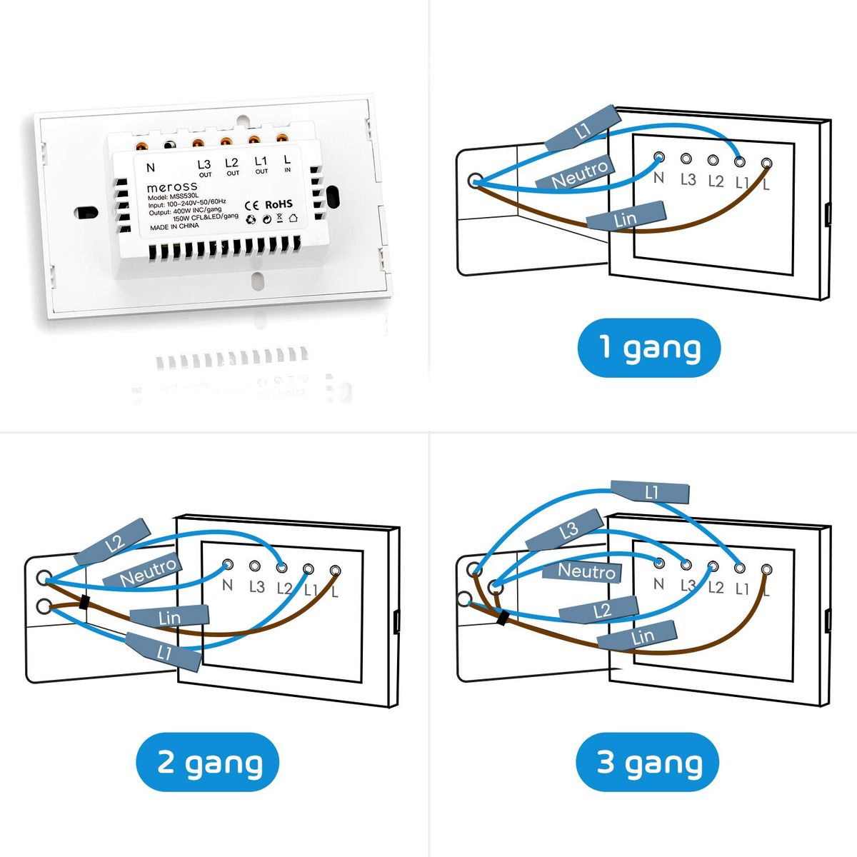 Meross WiFi-Schalter zu Hause mit WiFi Alexa, intelligenter italienischer Wandschalter, 1/2/3 Gang, Touch-LED-Panel, stoßfest, elektrisch, Timer, App Fernbedienung, kompatibel mit Alexa, Google Home