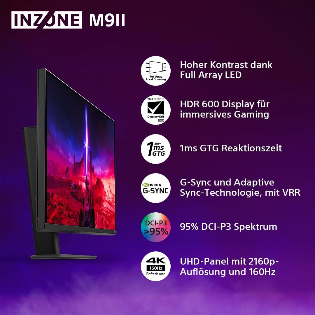 Sony INZONE M9II 27" 4K Ultra HD PC Gaming Monitor: 2160p Auflösung - 160Hz Bildwiederholfrequenz - 1ms GTG - DCI-P3 95% Spektrum - Full Array LED - G-Sync - Adaptive Sync - VRR, Schwarz
