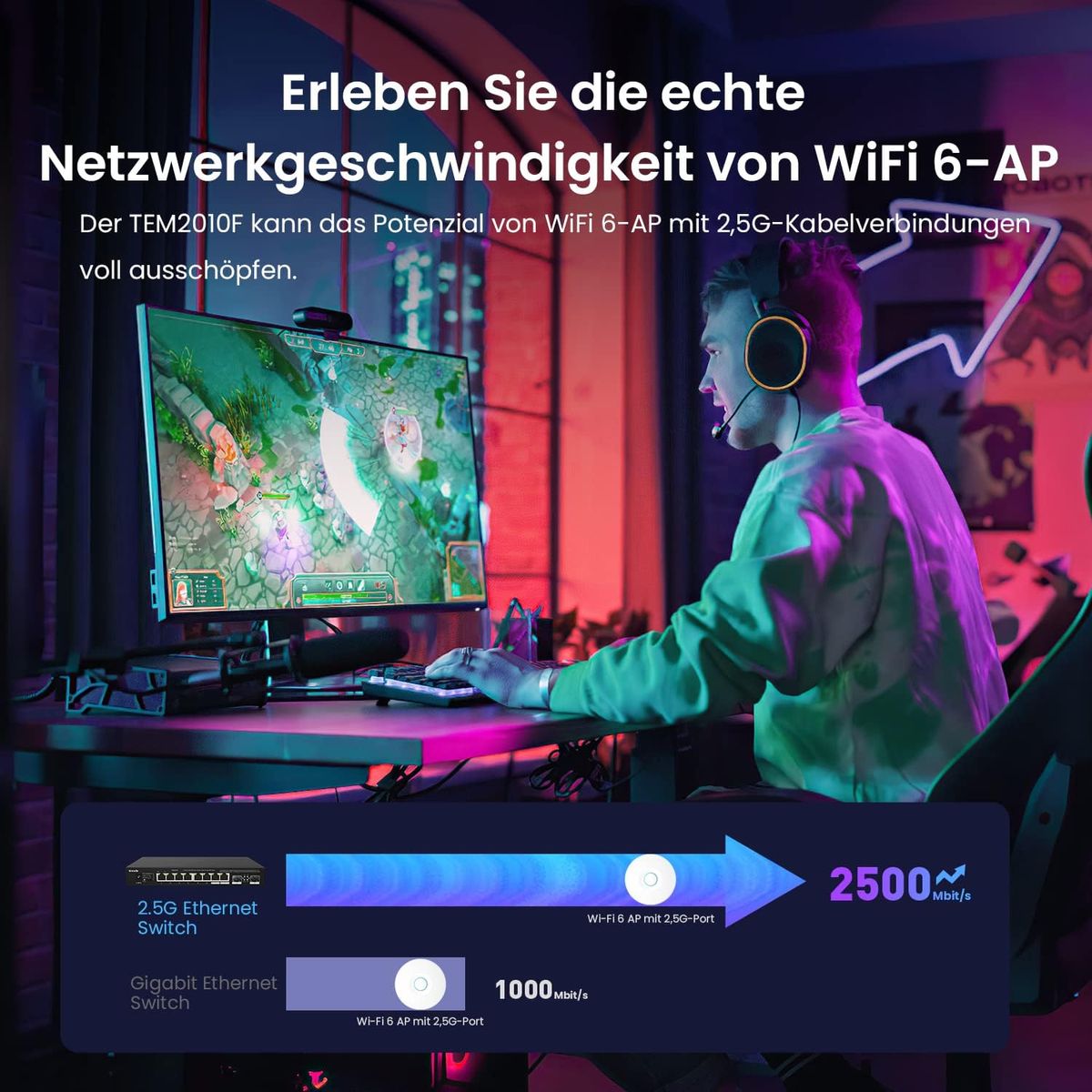 Tenda Switch 8 Port 2.5 Gigabit LAN Switch mit 2 SFP-Ports (VLAN, Statische Aggregation, Unmanaged, Plug-and-Play, Desktop-/Wandmontage, Metallgehäuse) (TEM2010F)