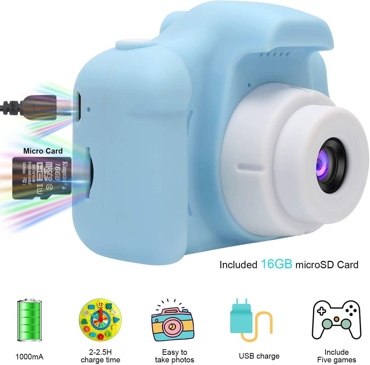 GlobalCrown Kinder Kamera,Mini wiederaufladbare Kinder Digitalkamera Stoßfeste Video Camcorder Geschenke für 3-8 Jahre Jungen Mädchen,8MP HD Video 2 Zoll Bildschirm für Kinder (32 GB Karte enthalten) Blau