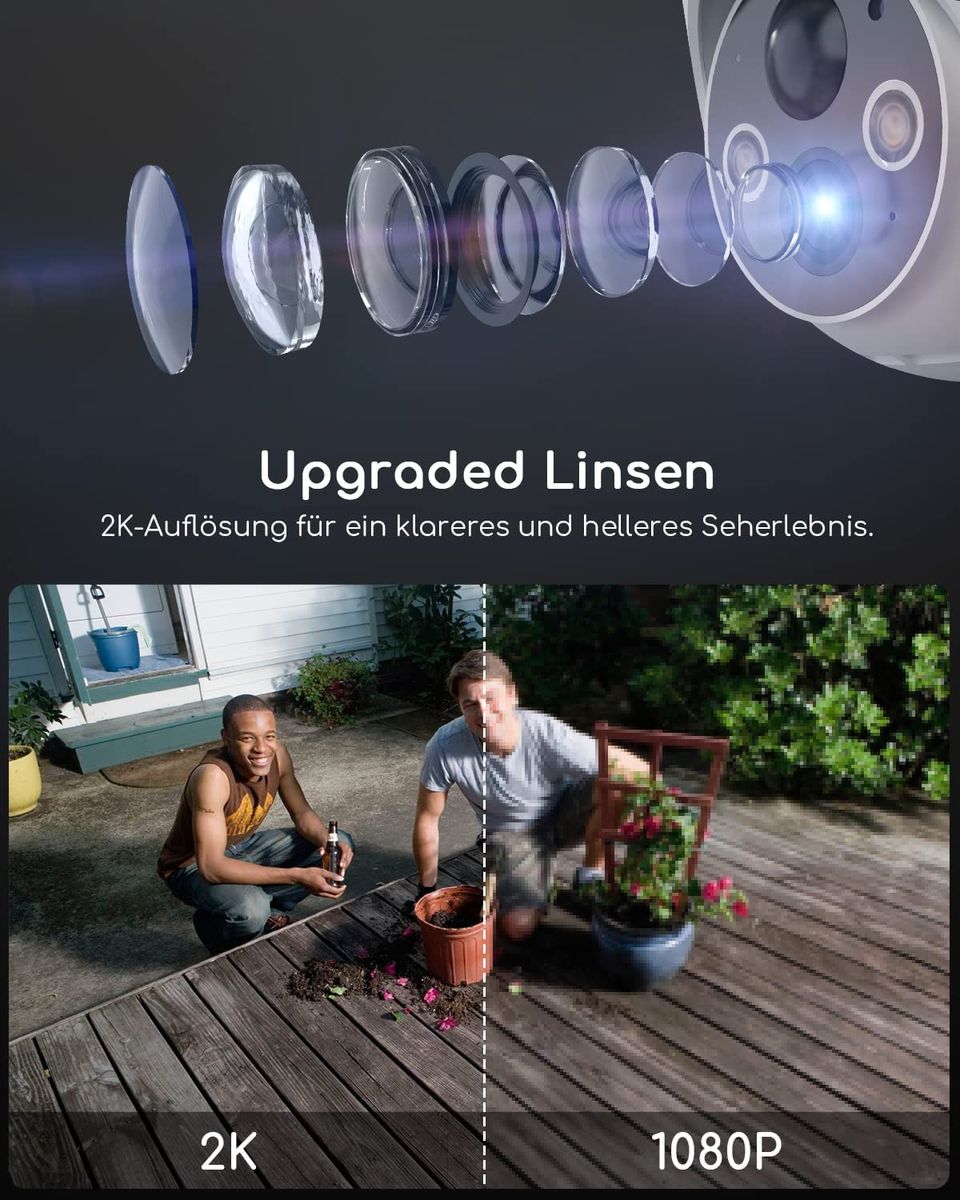 COOAU 2K Überwachungskamera Aussen Akku, 355°/90° Schwenkbar, Kabellose WLAN IP Kamera Outdoor mit Nachtsicht in Farbe, Personen-/Bewegungserkennung, IP66 Wasserdicht, Cloud-Speicher 3MP - Weiß
