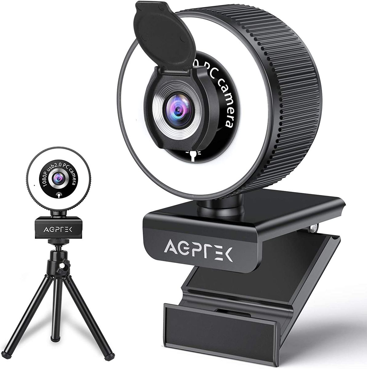 AGPTEK Webcam, 1080P Full HD,Stereo Mikrofon, 360° Drehung,95° Blickfeld, Ringlicht, Abdeckung, Stativ, PC USB Kamera,Facecam für Streaming, Video-Chat, Online-Kurse,Spiel,Kompatibel mit Windows, Mac