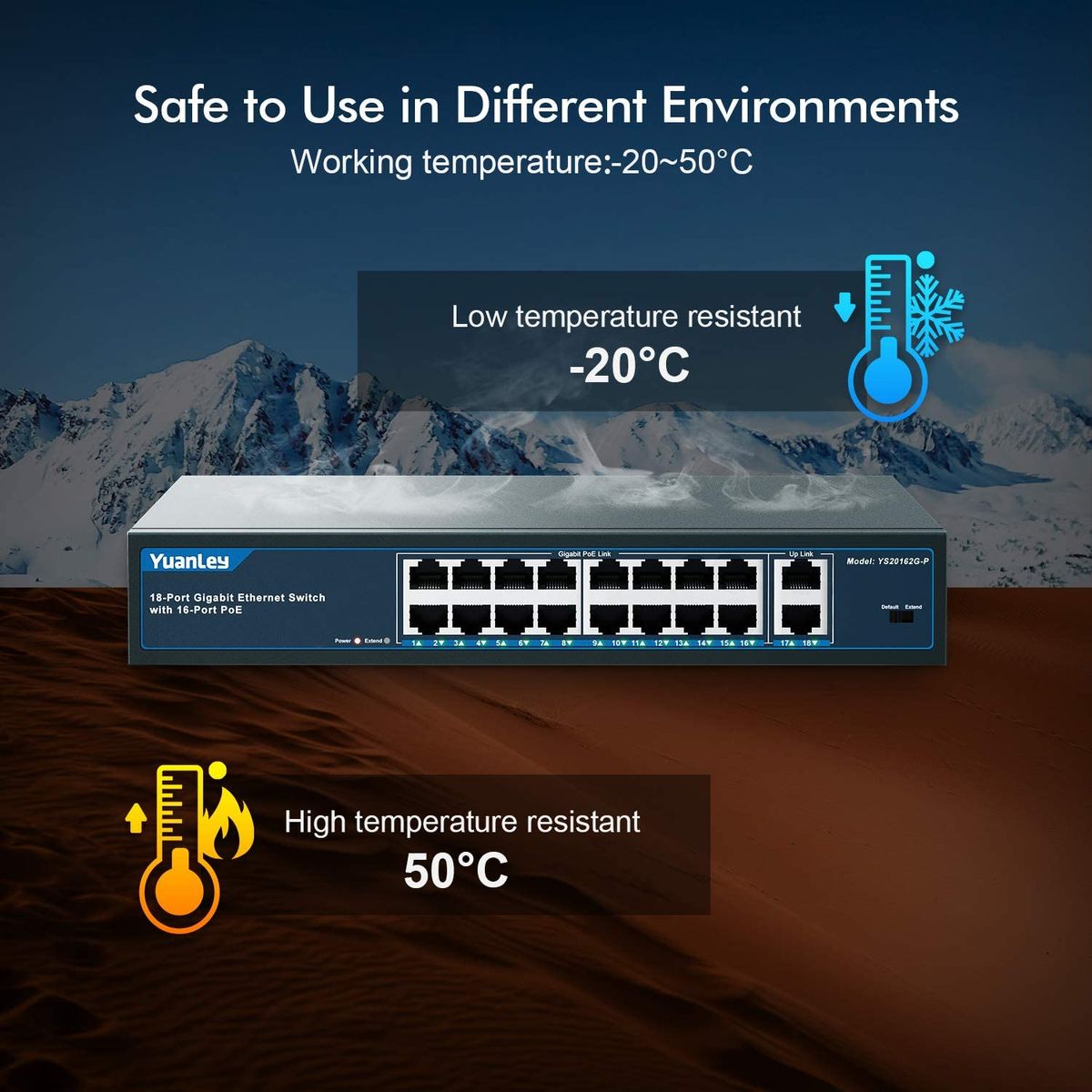 YuanLey 18 Port Gigabit PoE Switch, 16 PoE+ Port 1000 Mbps, 2 Gigabit Uplink, 250W 802.3af/at, Metal Desktop/Rackmount, Nicht verwalteter Plug and Play Netzwerk Switch 18 Port | 16*PoE+(1000Mbps) (250w)