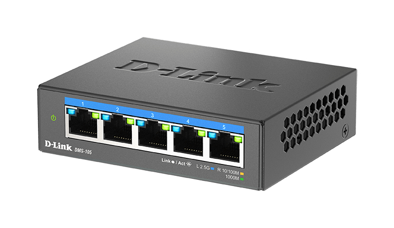 D-Link DMS-105/E 5-Port 2,5G Multi-Gigabit Desktop Switch, Unmanaged L2, Metallgehäuse, lüfterlos, DC 12V Netzteil, QoS, IGMP-Snooping