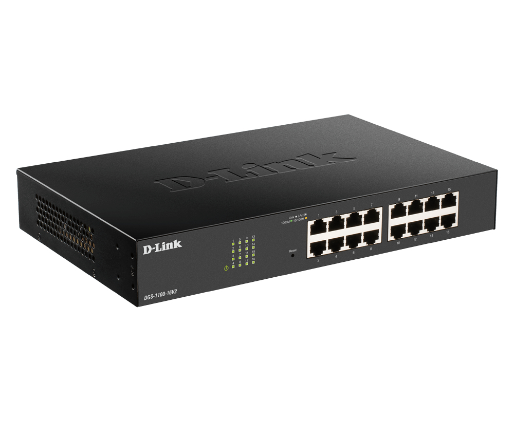 D-Link DGS-1100-16V2 16-Port Gigabit Smart Switch (10/100/1000 Mbit/S, Einfache Plug & PLAY-Installation, lüfterlos), Schwarz Vorgängerversion 16 Port|16x1G neues Modell