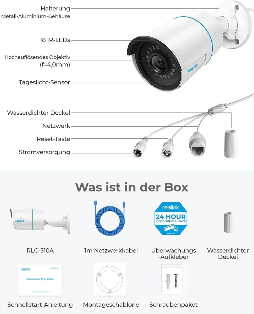 Reolink 2 Stück 5MP PoE Überwachungskamera Aussen, Personen-/Autoerkennung IP Kamera Outdoor mit Audio und Micro SD Kartensteckplatz, IR Nachtsicht, Zeitraffer, RLC-510A (Update-Version von RLC-410) 5MP IP Kamera