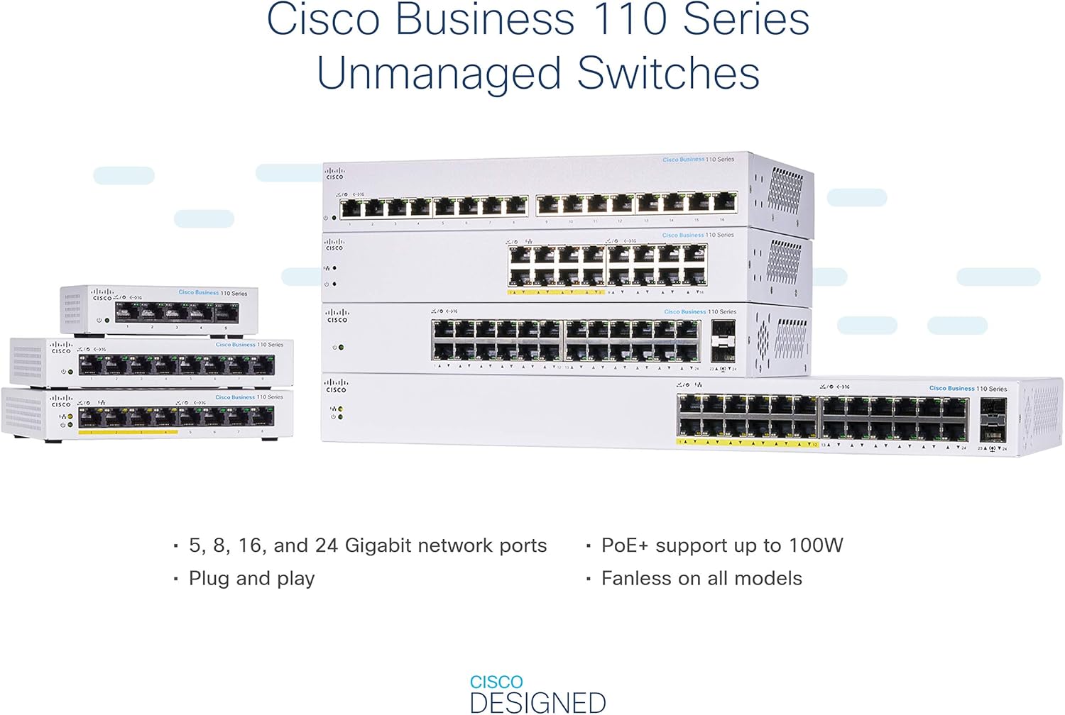 Cisco CBS110-24T-EU Unmanaged L2 Gigabit Switch, 24x 10/100/1000 RJ45, 2x Combo-SFP, 1U Rack, Grau, Netzteil