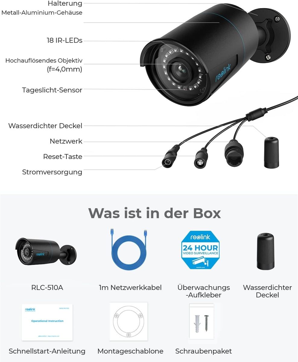 Reolink 5MP PoE Überwachungskamera Aussen mit Personen-/Autoerkennung, Smarte IP Kamera Outdoor mit Zeitraffer, 30m IR Nachtsicht, IP66 Wasserfest, Audio, Micro SD Kartensteckplatz, RLC-510A Schwarz IP Kamera Schwarz