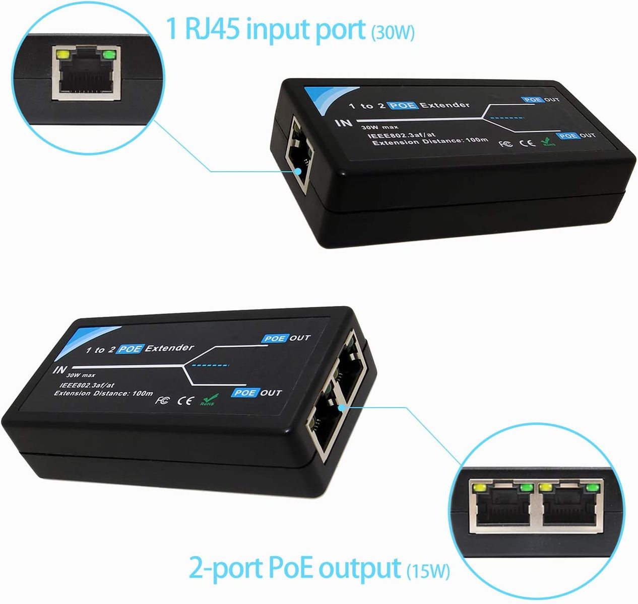 Revotech 2 Port POE Extender 10,100Mbps IEEE 802.3af/at Standard Einhalten, POE Repeater 100 Meter(328 ft) Extender 1 in 2 Out für POE IP-Kamera über Cat5/Cat6 oder bessere UTP-Kabel (POE5003)