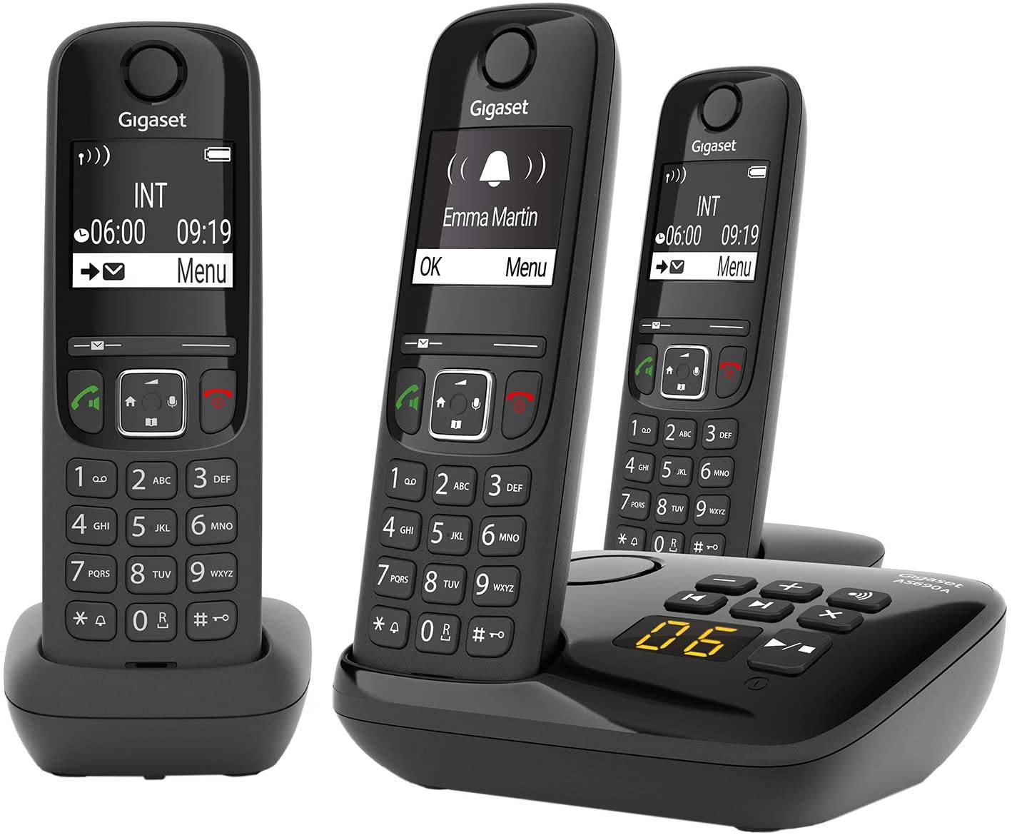 Gigaset AS690A Trio - Schnurloses Telefon mit 3 Mobilteilen - DECT Telefon mit Freisprechfunktion großes Display große Tasten - Festnetztelefon schwarz