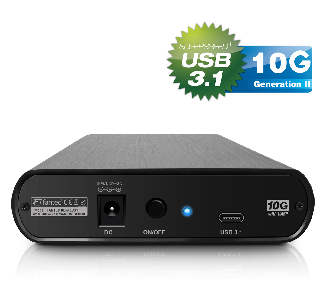 FANTEC 1973 DB-ALU31 Externes Festplattengehäuse (für den Einbau einer 3,5 Zoll und,2,5 Zoll SATA SATA I/II/III HDDs und SSDs Festplatte. Mit USB 3.1 Typ-C SUPERSPEED+ 10G Anschluss, schwarz