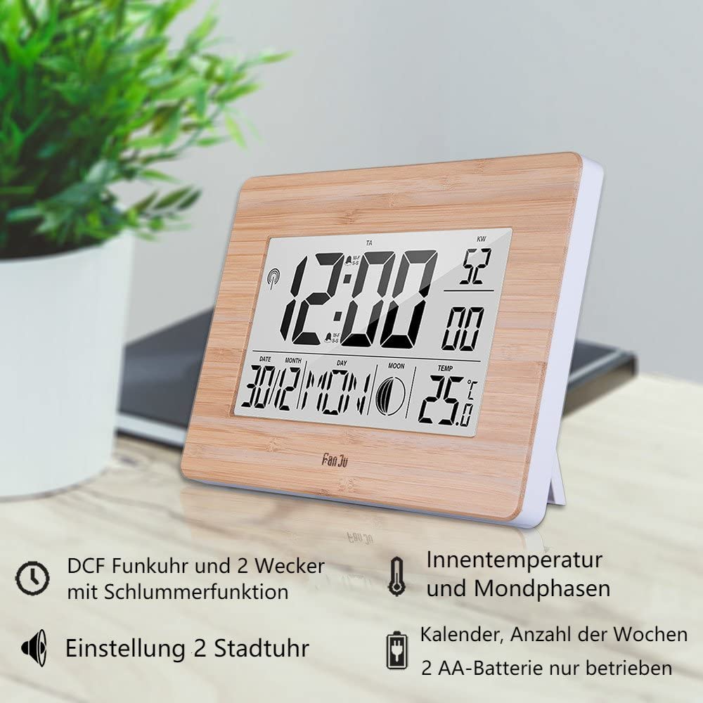 FanJu FJ3530 Digital Wecker Funk Batteriebetriebener Groß Tischuhr mit Extra Großem Display | Innentemperatur | Mondphase | Schlummerfunktion | Calendar Wecker für Zu Hause.