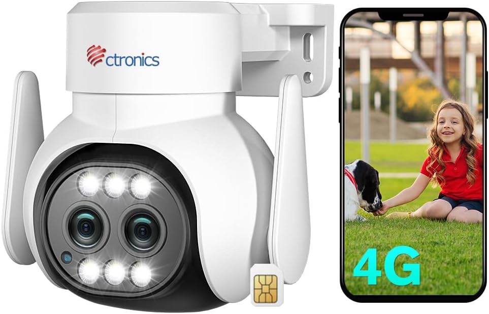 ctronics 3G/4G LTE Überwachungskamera Aussen mit SIM Karte Dual-Objektiv,Überwachungskamera Ohne WLAN mit Auto-Tracking mit Auto-Zoom, 6X Hybrid-Zoom, PTZ 355°/90°,Farbnachtsicht, 2-Wege Audio, IP66