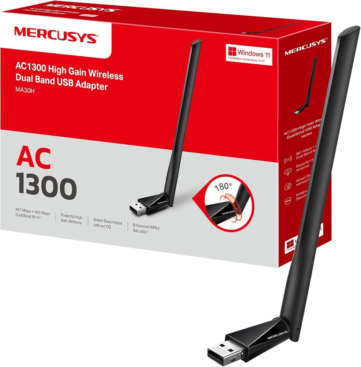 Mercusys MA30H AC1300 High Gain USB WLAN Stick Adapter mit Antennen(bis zu 867 Mbit/s 5GHz, 400 Mbit/s 2,4GHz, nur Kompatibel mit Windows 11/10 (32/64 bit) AC1300 Mbps