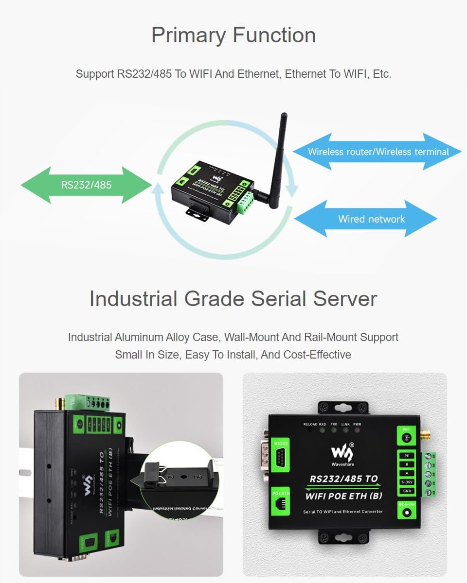 Waveshare RS232/485 Serieller Konverter zu WiFi & RJ45 Ethernet, RS232/RS485 serieller Server, Modbus-Gateway, MQTT-Gateway, industrietauglich