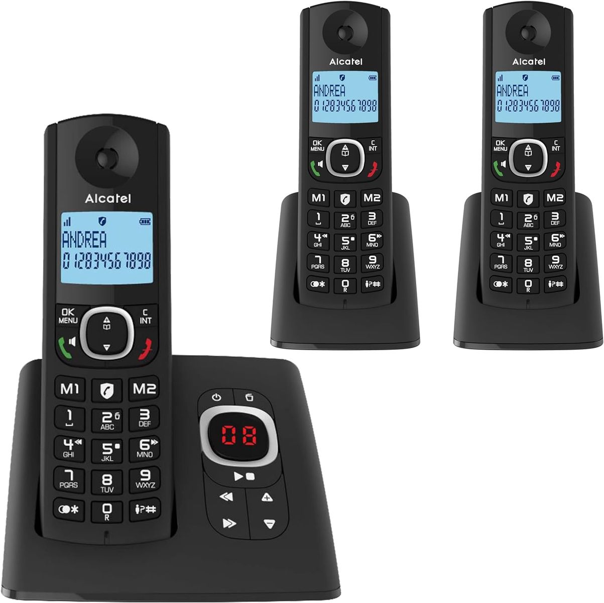 Alcatel F530 Voice Trio, Schnurlostelefon Mit Anrufbeantworter und 3 Mobilteilen, Anrufsperre und Freisprechfunktion Schwarz