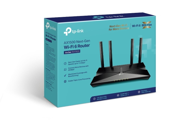 TP-Link Archer AX1500 WLAN-Router Dual-Band (2,4 GHz/5 GHz) Wi-Fi 6 1201 Mbit/s Gigabit Ethernet 4x LAN Ethernet-WAN Schwarz V3.0 EU