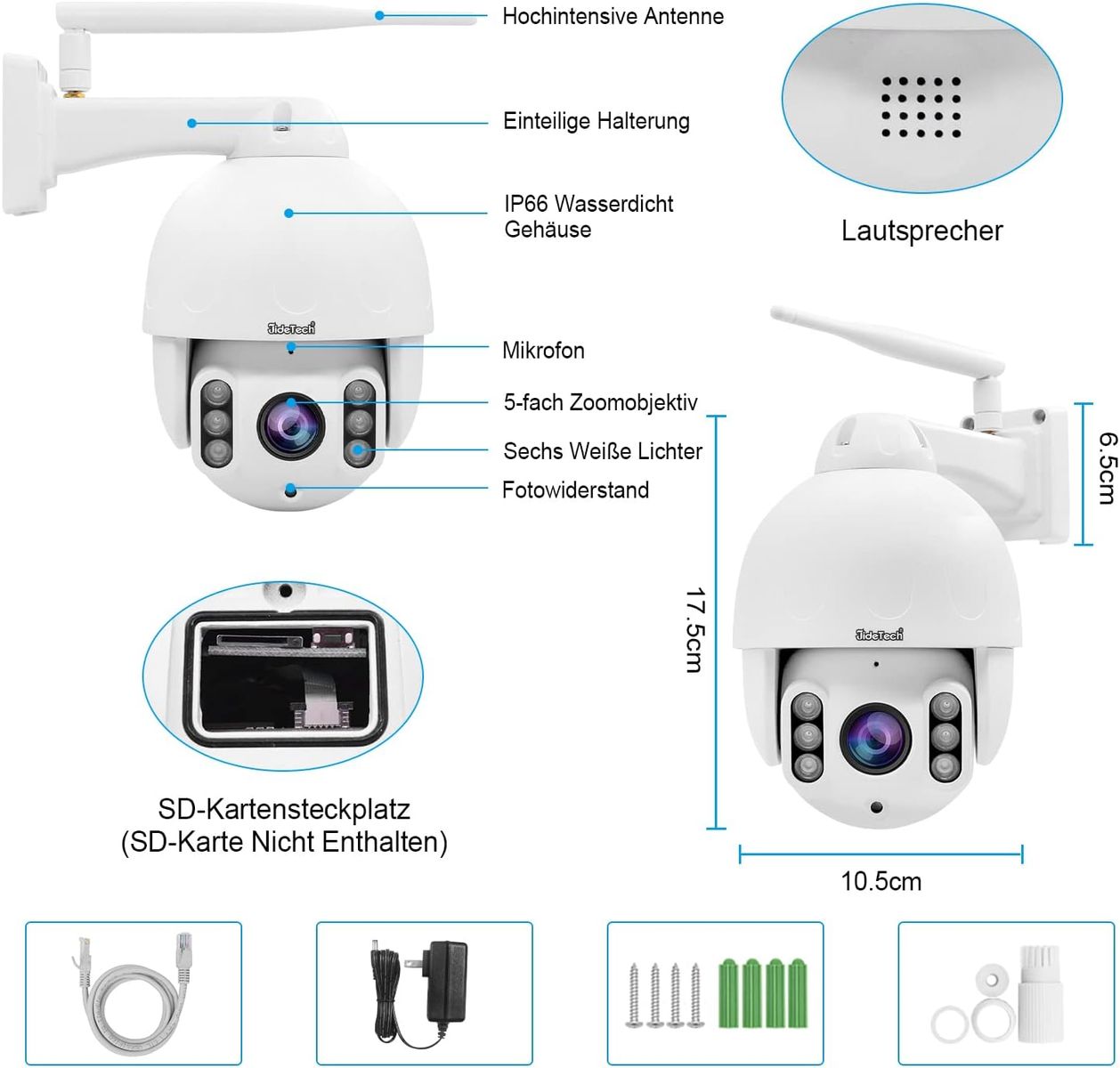 PTZ Security Camera - 5X Optischer Zoom Überwachungskamera Aussen WLAN, mit automatischer Verfolgung, 2-Wege Audio,50-80M Nachtsicht in Farbe, 355°/90° Schwenkbar, 128GB SD-Karten (P3-5X-5MPW Weiß)