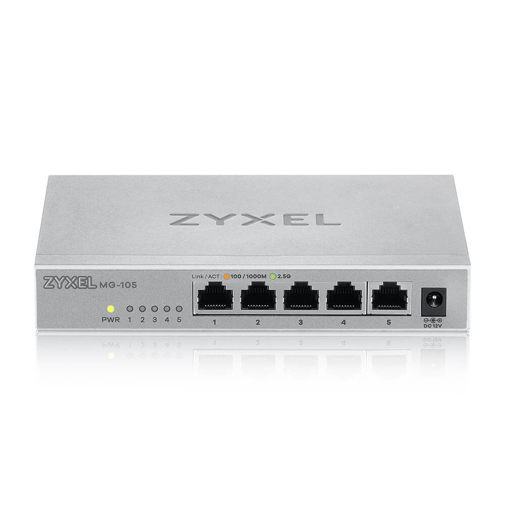 Zyxel XMG-105 Unmanaged 5-Port 2.5G Ethernet Switch, 25 Gbit/s Switching-Kapazität, AC-Netzteil, Grau
