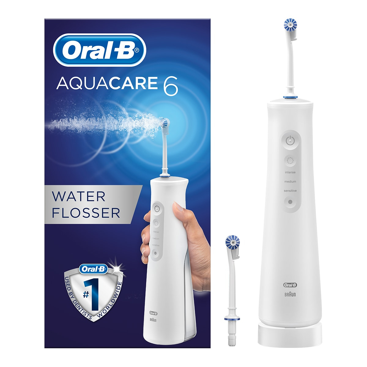 Oral-B AquaCare 6 Pro-Expert oral irrigator, 2 replacement nozzles, interdental cleaner with 6 cleaning modes for gentle dental care and healthy gums, Designed by Braun, white/grey Bunt Single