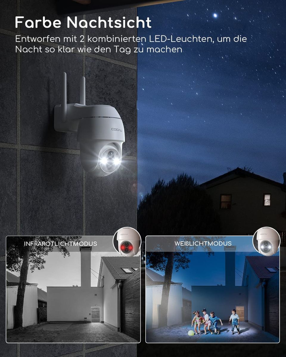 COOAU 2K Überwachungskamera Aussen Akku, 355°/90° Schwenkbar, Kabellose WLAN IP Kamera Outdoor mit Nachtsicht in Farbe, Personen-/Bewegungserkennung, IP66 Wasserdicht, Cloud-Speicher 3MP - Weiß