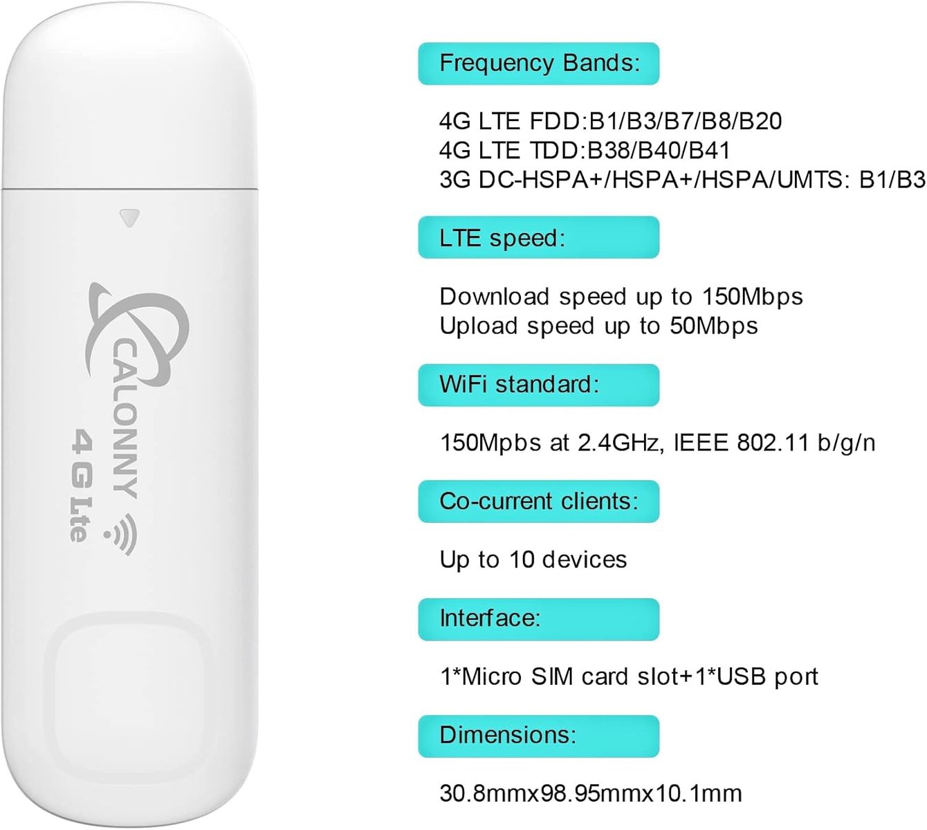 Calonny D200 4G LTE USB Surfstick Internet-Key Cat4 150 MBit/s WLAN USB-Modem, SIM, APN-Anpassung, tragbar, Alternative zu ADSL, Weiß