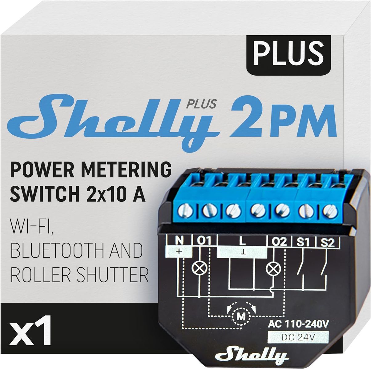 Shelly Plus 2PM Smart Relais 2-Kanal Unterputz, Rolladen-/Jalousiesteuerung mit Strommessung, WLAN, Alexa & Google Home, iOS & Android App