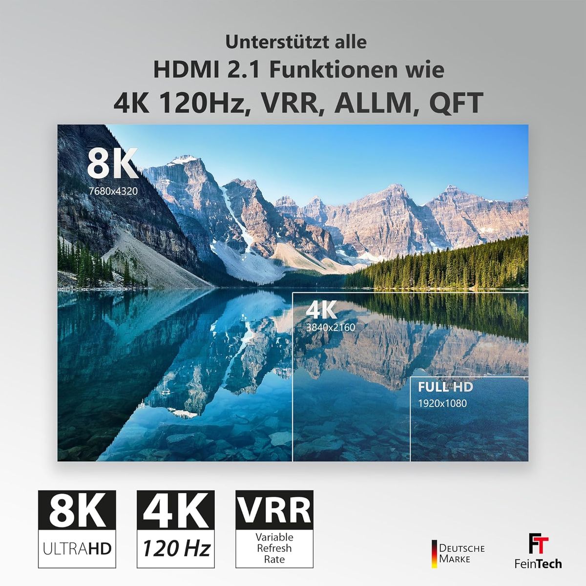 FeinTech VSW12100 HDMI 2.1 Switch 2x1, 8K60 / 4K120, HDR10+/Dolby Vision, VRR & ALLM, 48Gbps, für PS5 & Xbox, USB-Stromoption