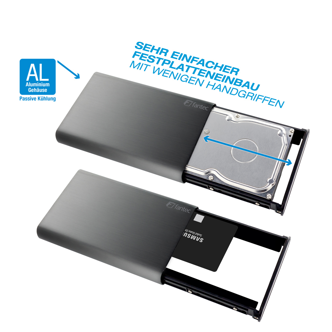 FANTEC 1973 DB-ALU31 Externes Festplattengehäuse (für den Einbau einer 3,5 Zoll und,2,5 Zoll SATA SATA I/II/III HDDs und SSDs Festplatte. Mit USB 3.1 Typ-C SUPERSPEED+ 10G Anschluss, schwarz