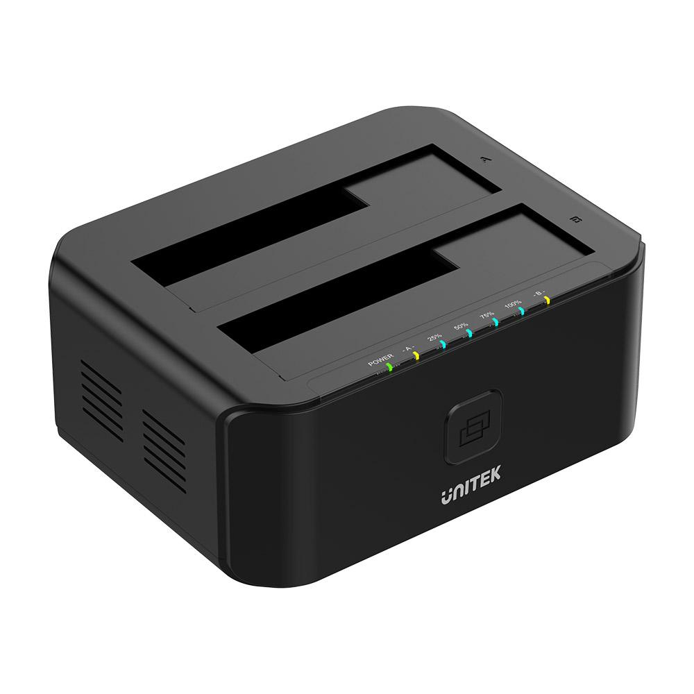 UNITEK Docking Station für 2 Festplatten, 2.5 oder 3.5 Zoll HDD SSD SATA I, II, III (1,5/3/6 GB/S), Offline-Klonfunktion mit LED, Unterstützung von UASP, schwarz, matt 2 Platten Schwarz