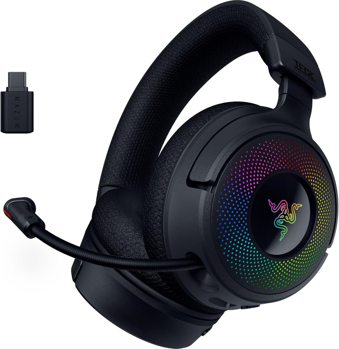 Razer Kraken V4 Kabelloses Gaming-Headset, 2.4 GHz Wireless + Bluetooth 5.3 + USB, Triforce 40 mm Treiber, 9‑Zonen RGB, THX Spatial Audio, Retraktables Mikrofon, Schwarz