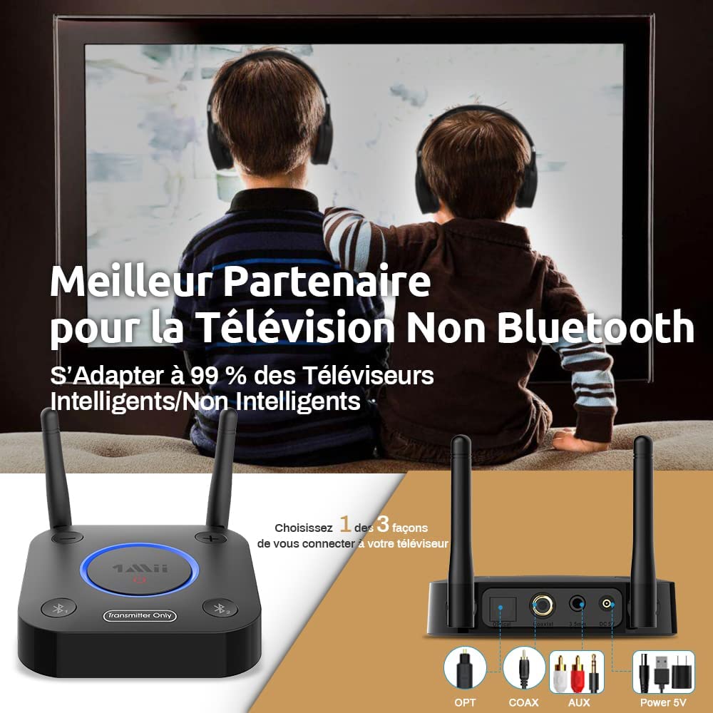 1mii B06TX Bluetooth 5.0 Transmitter Adapter Bluetooth für Fernseher mit Lautstärkeregler, Audio-Eingang AUX Cinch optischer Koaxial Plug n Play, niedrige aptX Latenz