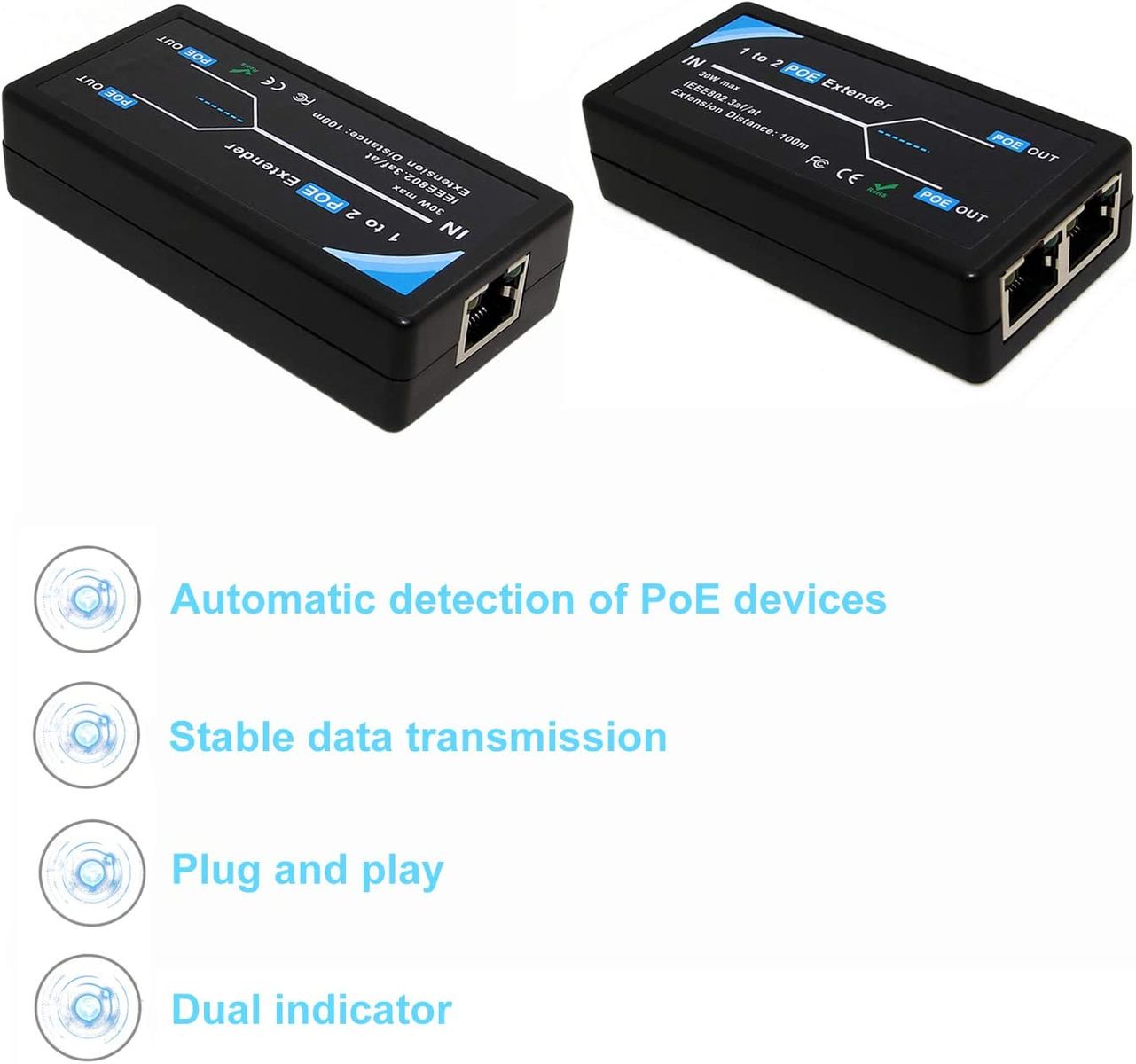 Revotech 2 Port POE Extender 10,100Mbps IEEE 802.3af/at Standard Einhalten, POE Repeater 100 Meter(328 ft) Extender 1 in 2 Out für POE IP-Kamera über Cat5/Cat6 oder bessere UTP-Kabel (POE5003)