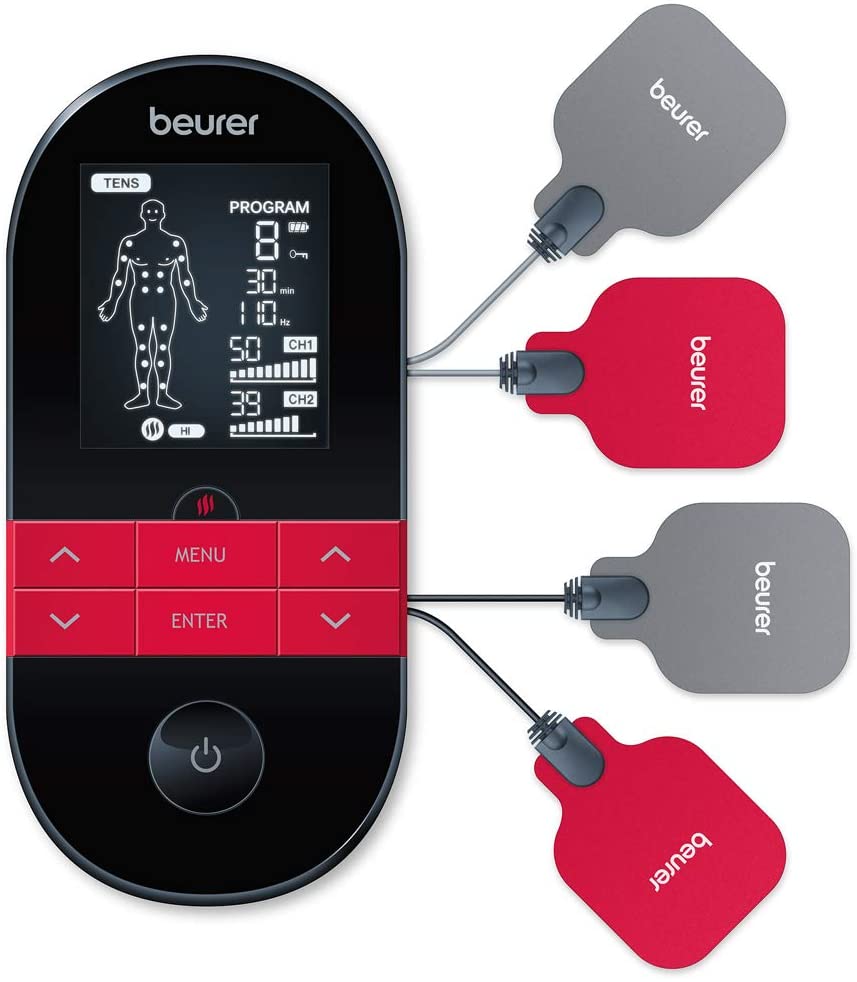 Beurer EM 59 Heat digital TENS / EMS device, 4-in-1 stimulation current device for pain therapy, muscle stimulation, massage and heat therapy, incl. 4 electrodes and battery.