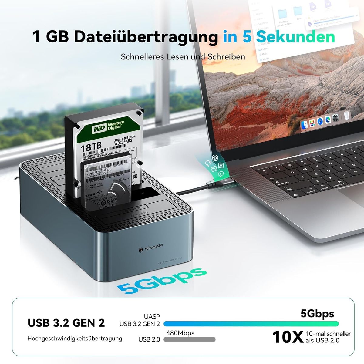 Yottamaster 5 Bay Festplatten-Dockingstation, Offline-Klonen, USB 3.2 Gen1 (5 Gbit/s) Typ-C, SATA SSD/HDD 2,5/3,5 Zoll, bis 5×18TB, Aluminium, inkl. 12V 6,5A Netzteil (EU)
