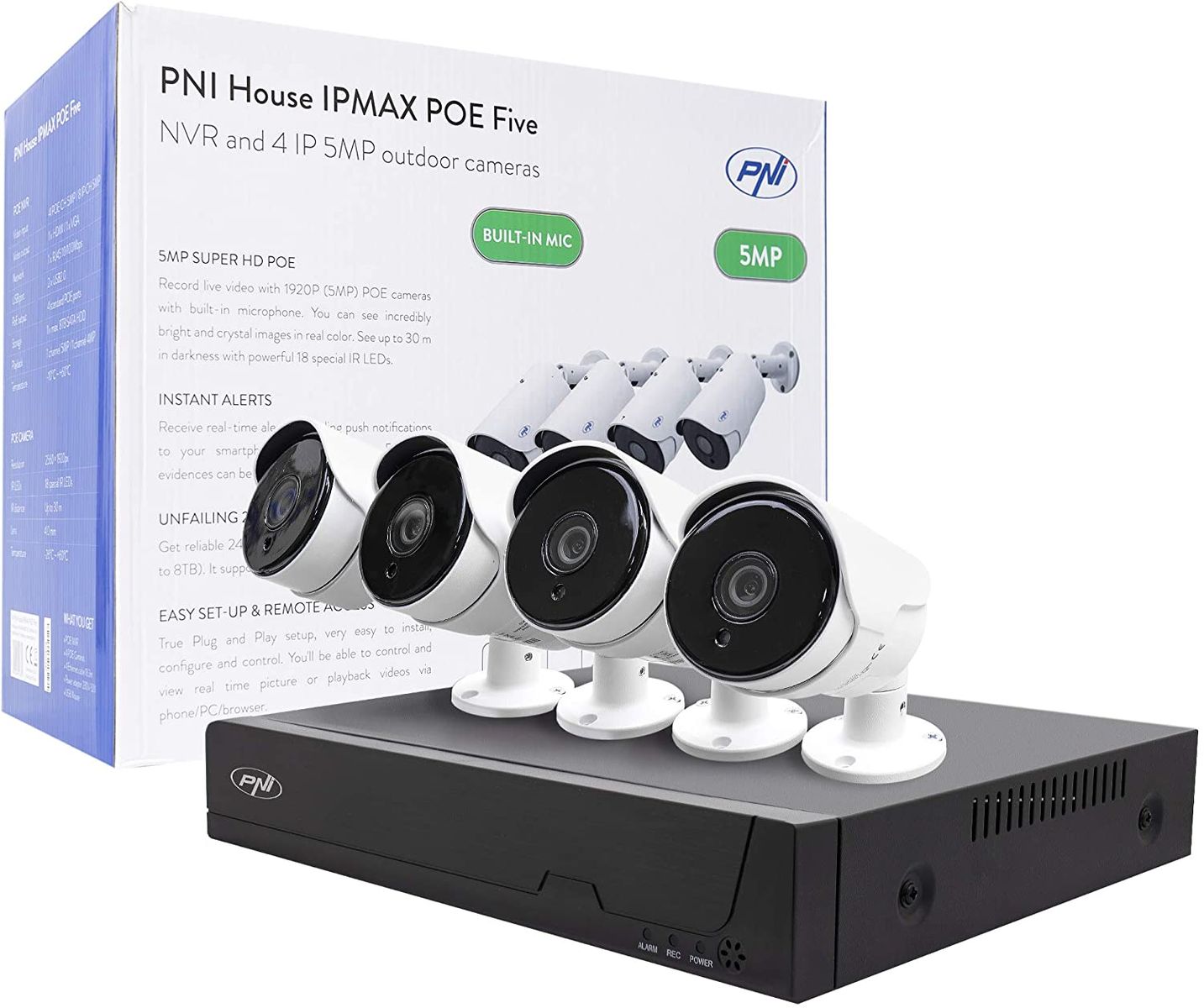 PNI House IPMAX POE Five, NVR with 4 POE ports, ONVIF and 4 cameras with IP 5MP, outdoor, Power Over Ethernet, chip detection, motion detection.